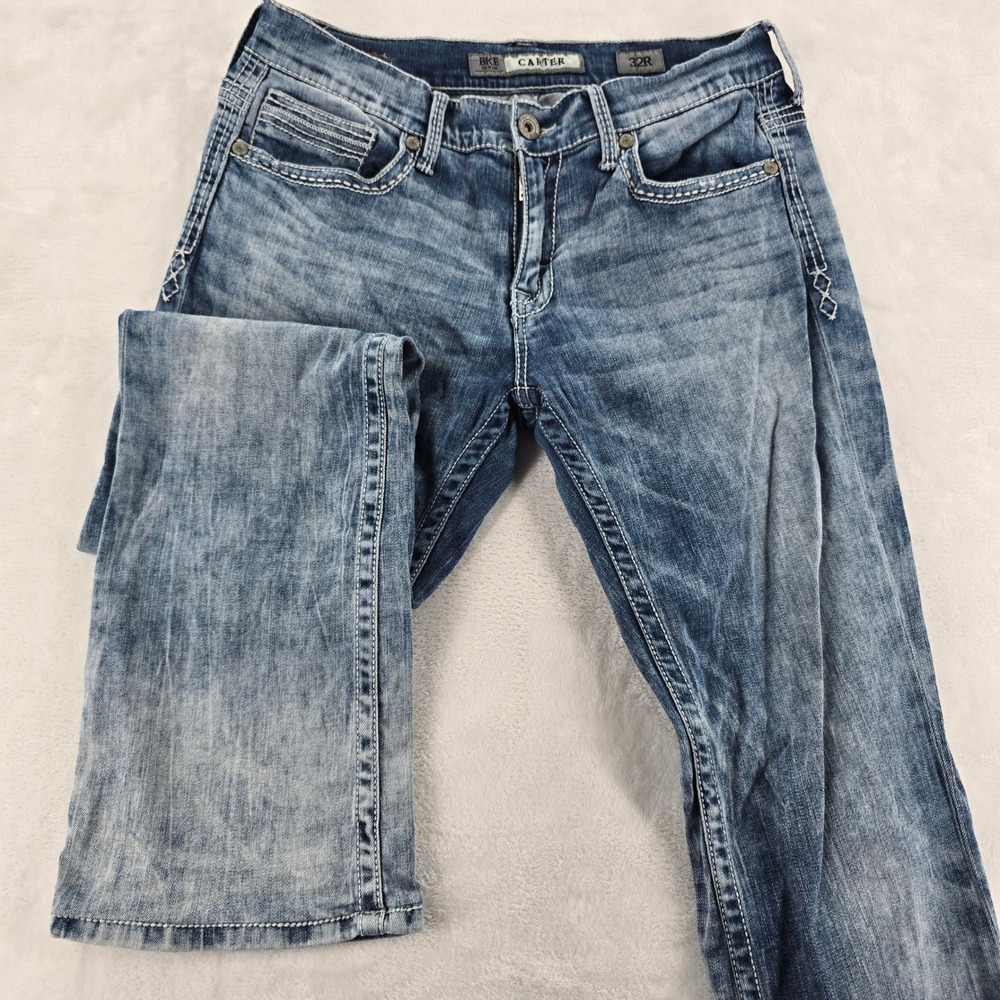 BKE Carter Jeans Mens 32R Straight Leg Blue Acid Wash Contrast Stitch ABM20145